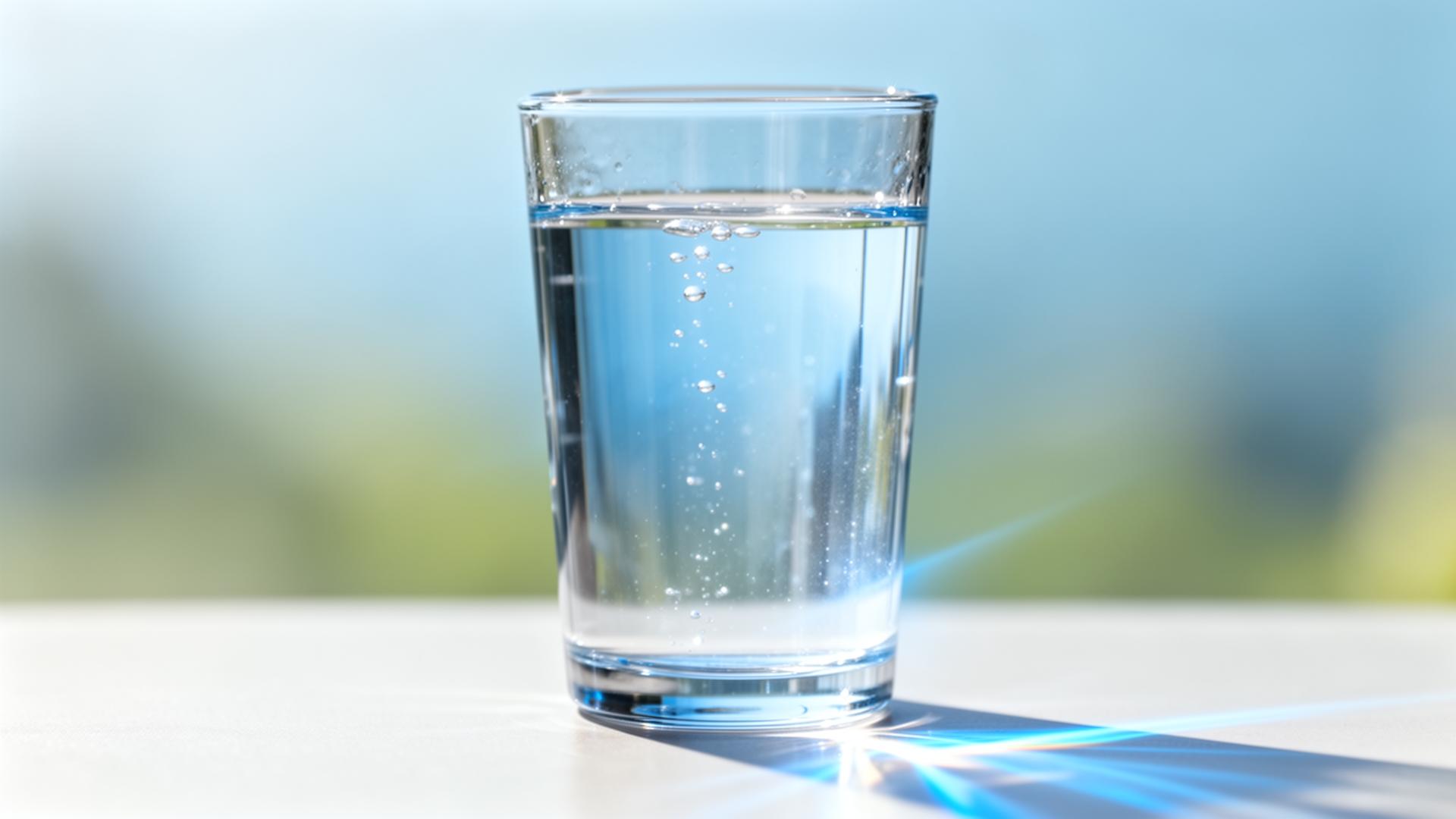 Verre d'eau cristallin éclairé par la lumière naturelle — Lettre de l'eau